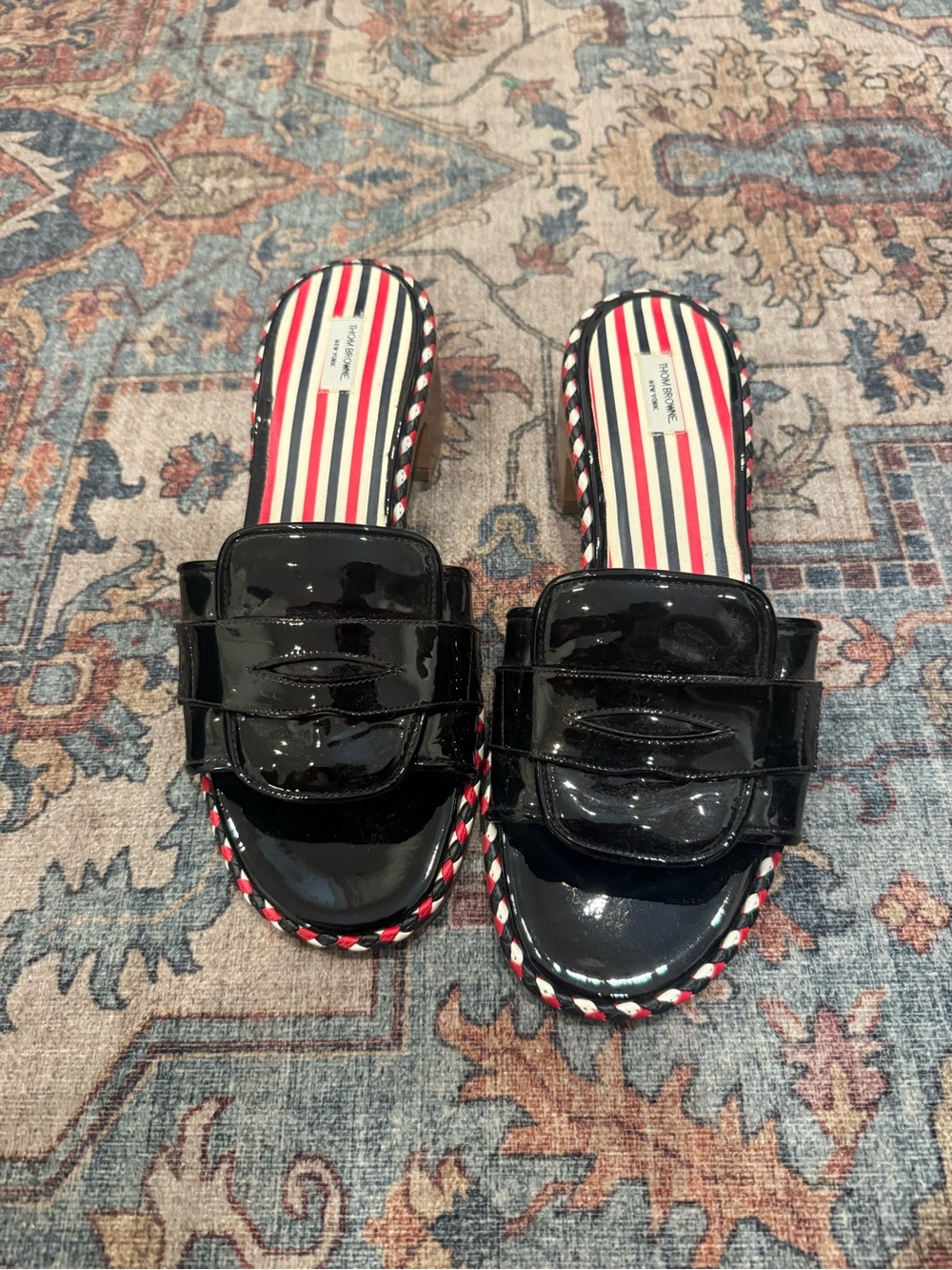 Thom Browne Patent Black Slide Sandals with Striped Insole